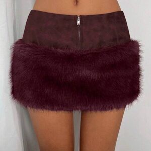 Chic Burgundy Faux Fur Mini Skirt